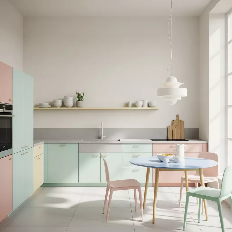 Dapur minimalis warna-warni dengan warna pastel Dapur minimalis warna-warni dengan warna pastel