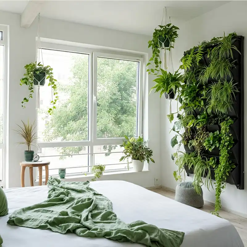 Kamar tidur dengan desain biofilik, dihiasi tanaman hias dan vertical garden Kamar tidur dengan desain biofilik, dihiasi tanaman hias dan vertical garden
