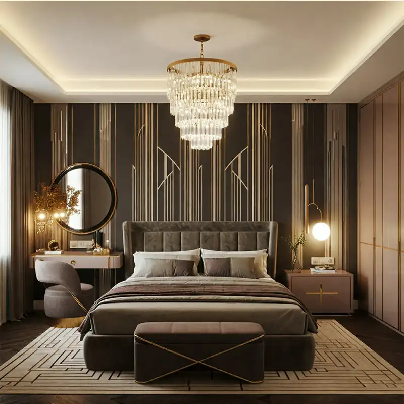 Kamar tidur dengan gaya Art Deco Modern yang mewah dan elegan Kamar tidur dengan gaya Art Deco Modern yang mewah dan elegan