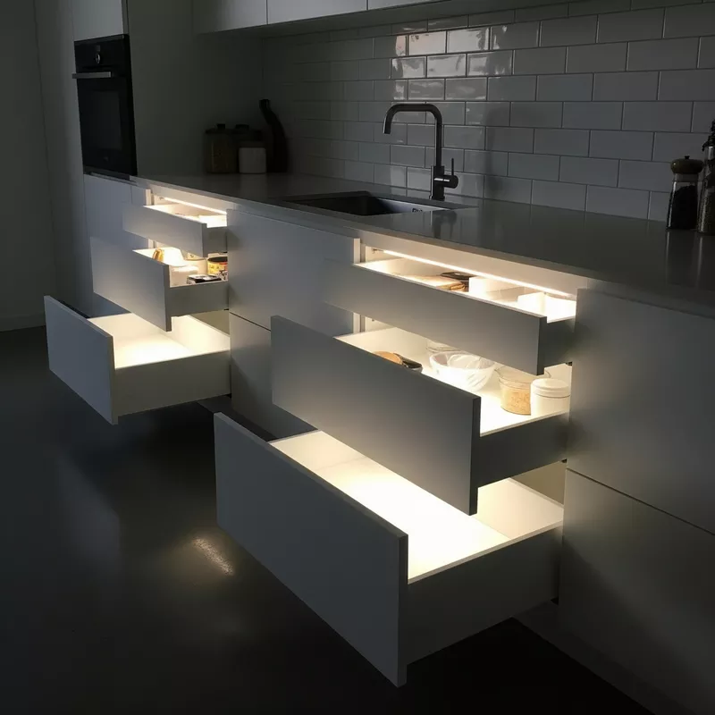 Lampu LED strip di dalam laci dapur minimalis Lampu LED strip di dalam laci dapur minimalis