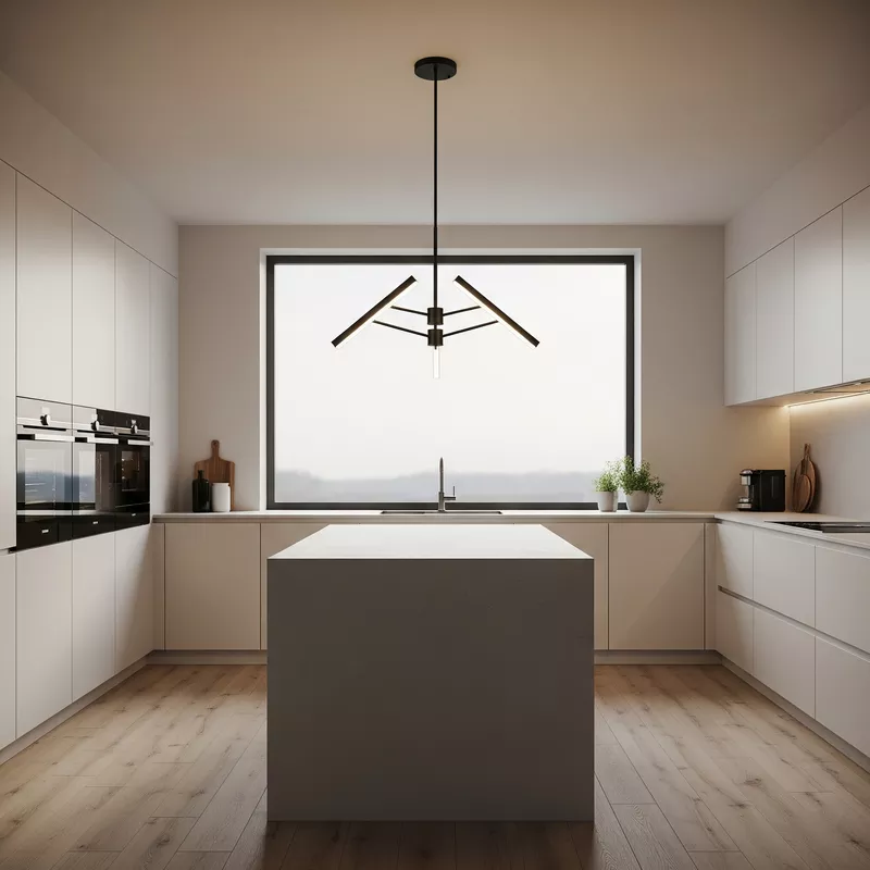 Lampu gantung chandelier di atas kitchen island di dapur minimalis Lampu gantung chandelier di atas kitchen island di dapur minimalis