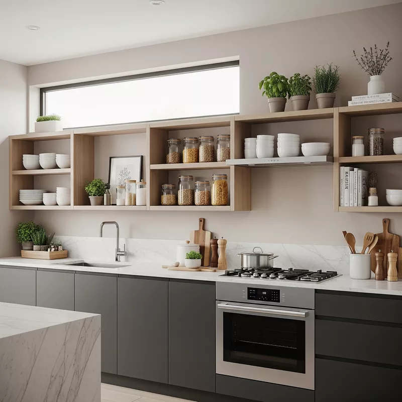 Lemari dapur dengan rak terbuka-jasa interior splusa.id Lemari dapur dengan rak terbuka-jasa interior splusa.id