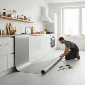 Pemasangan lantai vinyl roll di dapur minimalis