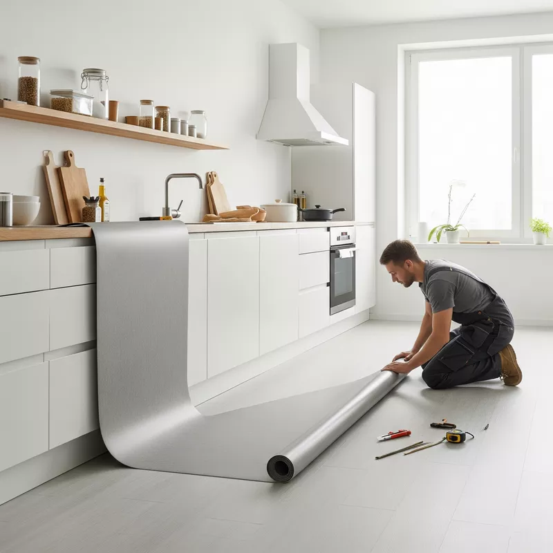 Pemasangan lantai vinyl roll di dapur minimalis Pemasangan lantai vinyl roll di dapur minimalis