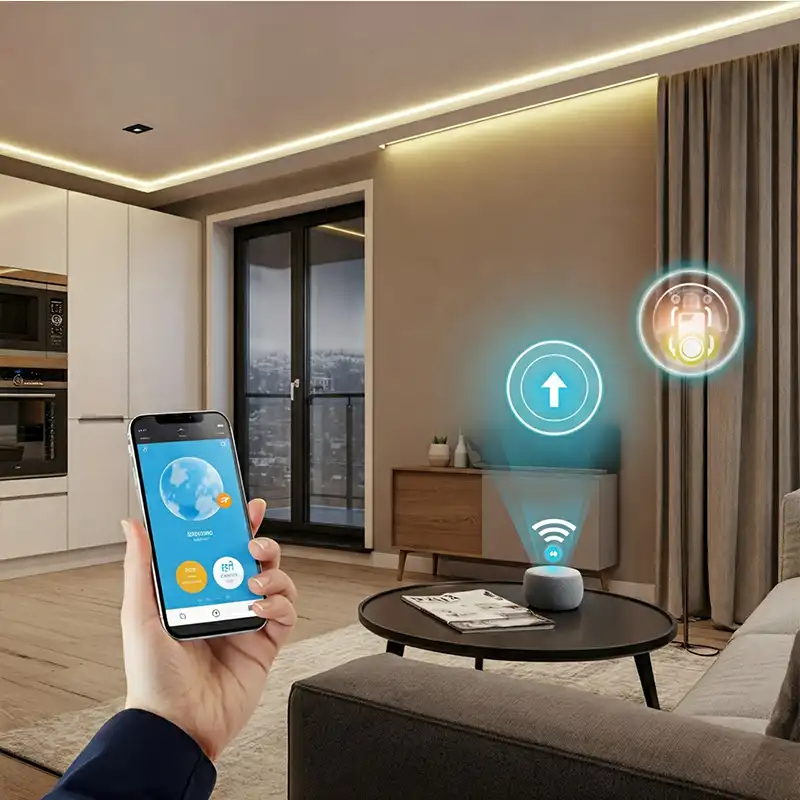 Ruang keluarga dengan sistem pencahayaan pintar yang dikendalikan melalui smartphone Ruang keluarga dengan sistem pencahayaan pintar yang dikendalikan melalui smartphone
