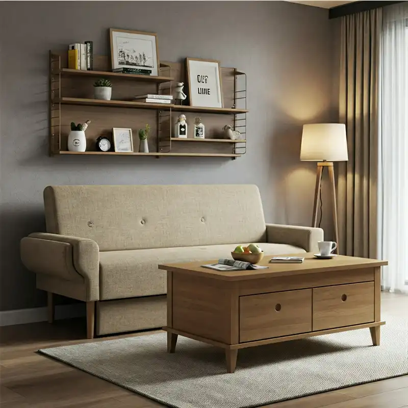 Ruang keluarga dengan sofa bed dan furnitur multifungsi lainnya Ruang keluarga dengan sofa bed dan furnitur multifungsi lainnya