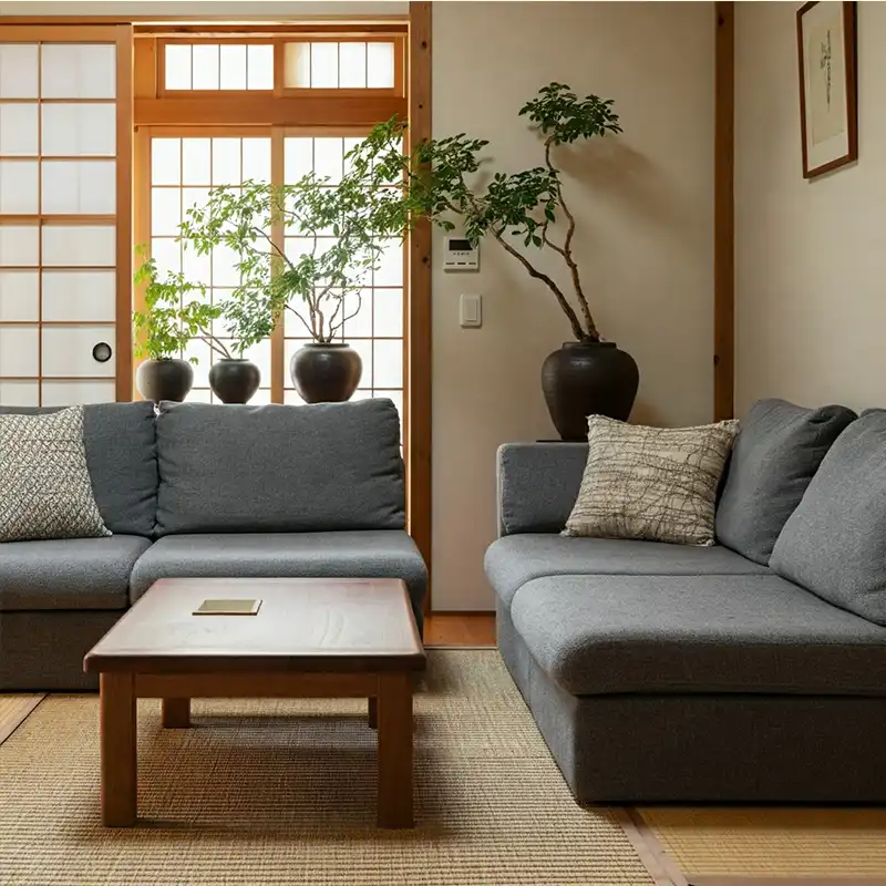 Ruang tamu dengan gaya Japandi yang minimalis dan natural Ruang tamu dengan gaya Japandi yang minimalis dan natural