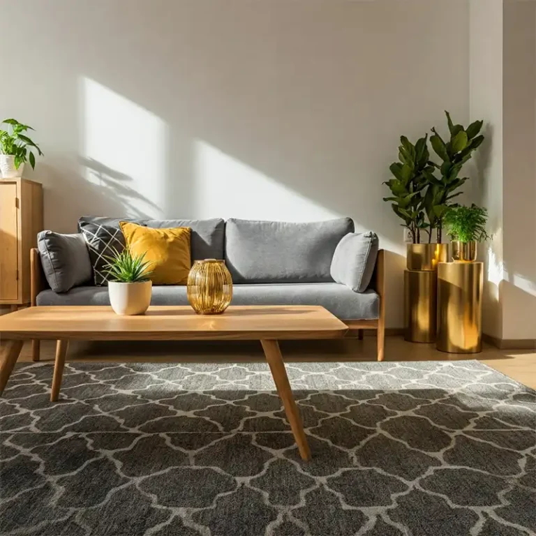 Ruang tamu modern dengan sofa abu-abu, meja kopi kayu, dan tanaman hias