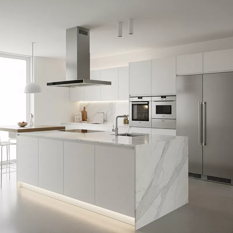 desain dapur minimalis modern dengan kitchen island, kitchen island putih, countertop marmer, peralatan stainless steel desain dapur minimalis modern dengan kitchen island, kitchen island putih, countertop marmer, peralatan stainless steel