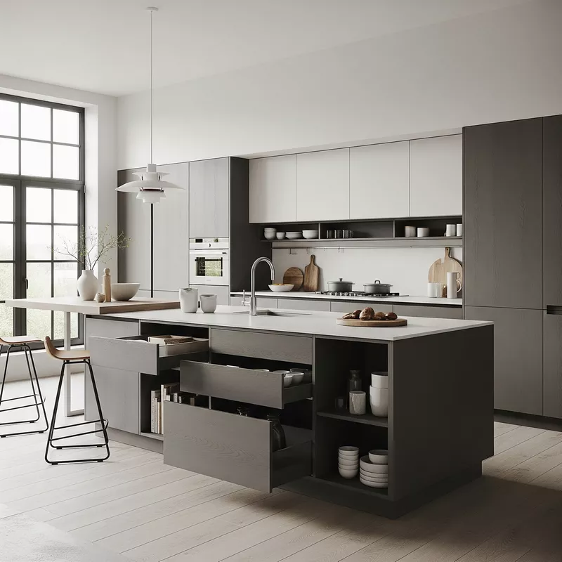kitchen island dengan laci dan kabinet, dapur minimalis dengan penyimpanan kitchen island dengan laci dan kabinet, dapur minimalis dengan penyimpanan