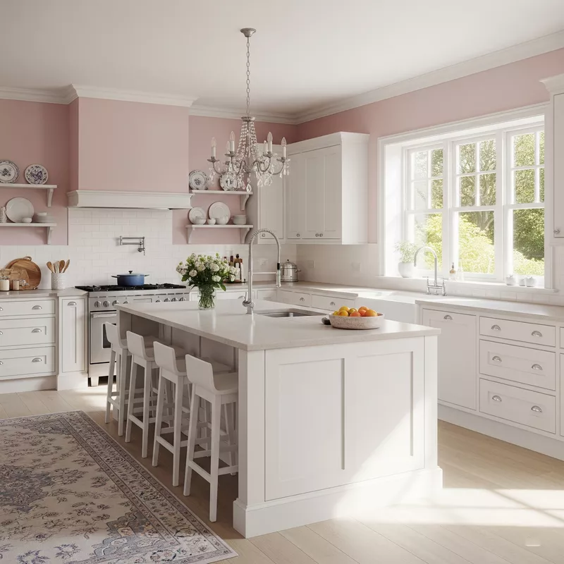 Dapur dengan dinding rosa pastel dan kabinet putih-jasa interior splusa.id Dapur dengan dinding rosa pastel dan kabinet putih-jasa interior splusa.id