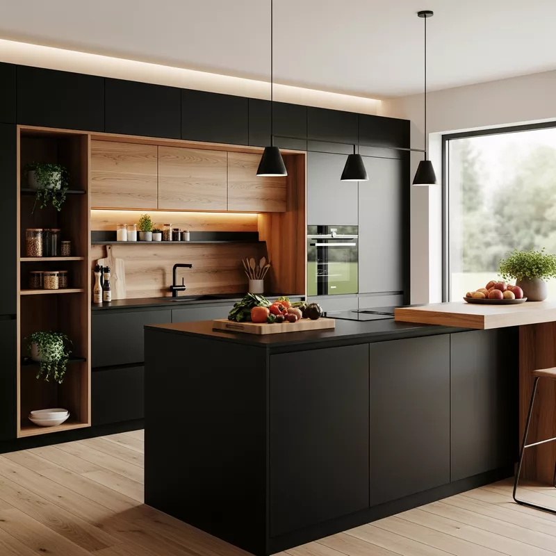Dapur hitam dengan elemen kayu yang hangat-jasa interior splusa.id Dapur hitam dengan elemen kayu yang hangat-jasa interior splusa.id