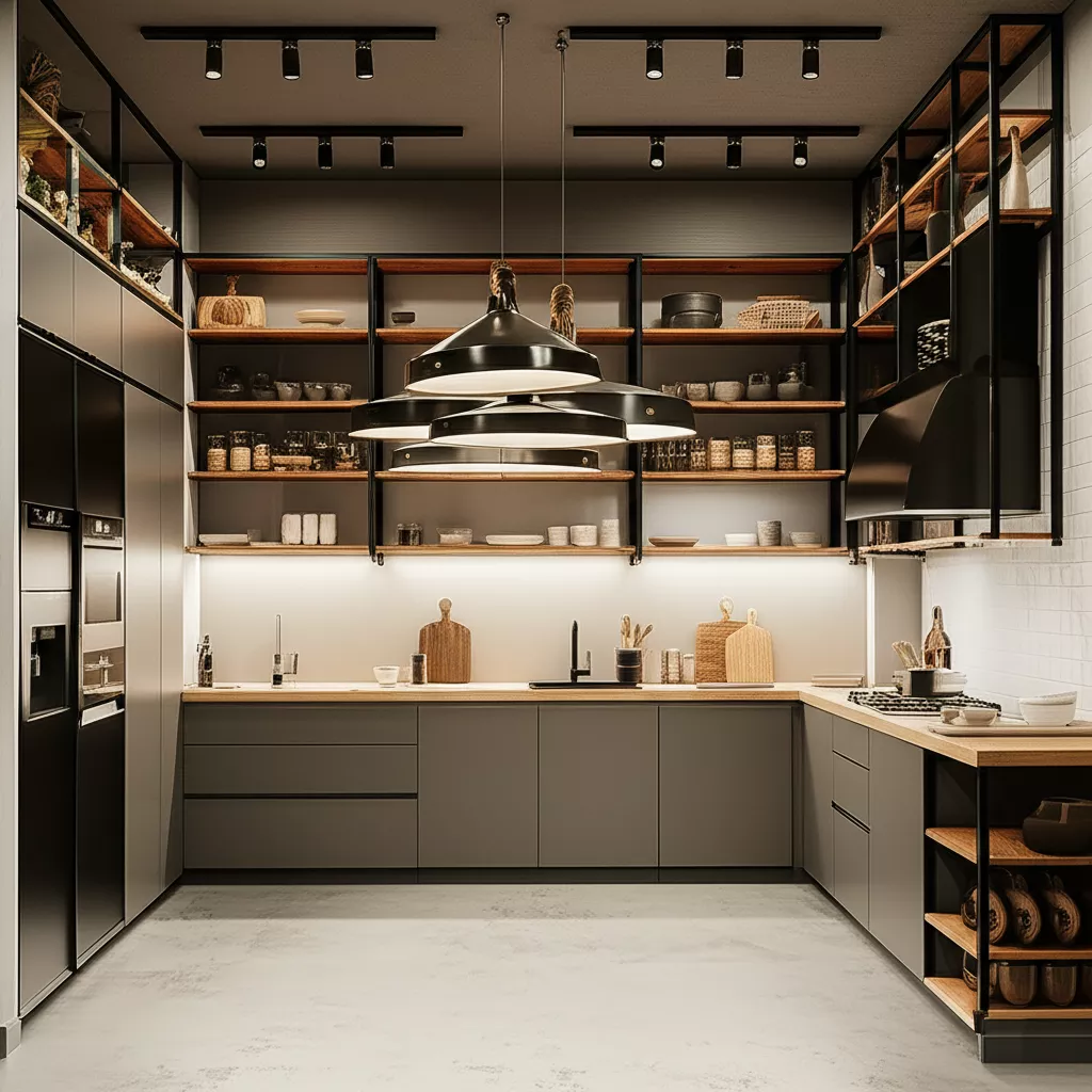 Dapur industrial dengan lampu gantung industrial dan lampu sorot untuk pencahayaan yang efektif-jasa interior splusa.id Dapur industrial dengan lampu gantung industrial dan lampu sorot untuk pencahayaan yang efektif-jasa interior splusa.id