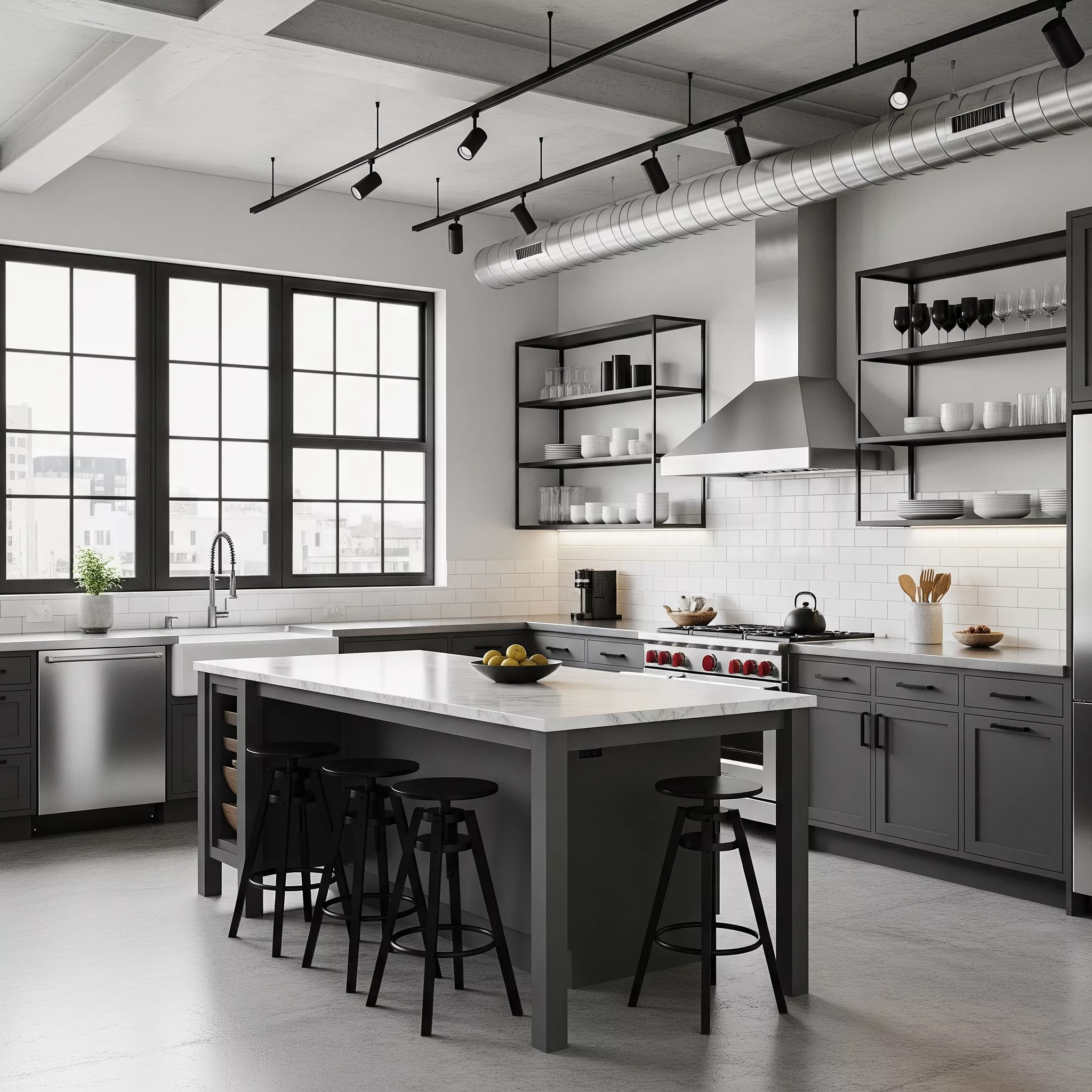 Dapur industrial dengan palet warna abu-abu, putih, dan hitam untuk tampilan modern-jasa interior splusa.id Dapur industrial dengan palet warna abu-abu, putih, dan hitam untuk tampilan modern-jasa interior splusa.id