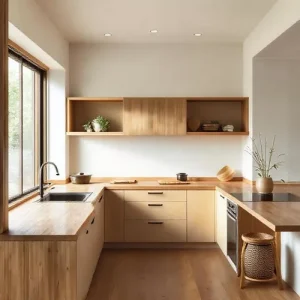 Dapur minimalis Jepang dengan elemen kayu dan bambu, serta desain yang bersih dan zen, menciptakan suasana yang tenang dan harmonis Dapur minimalis Jepang dengan elemen kayu dan bambu, serta desain yang bersih dan zen, menciptakan suasana yang tenang dan harmonis