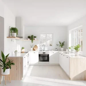 Dapur minimalis Skandinavia dengan warna putih dominan, aksen kayu terang, dan sentuhan tanaman hias yang memberikan kesan natural dan segar Dapur minimalis Skandinavia dengan warna putih dominan, aksen kayu terang, dan sentuhan tanaman hias yang memberikan kesan natural dan segar