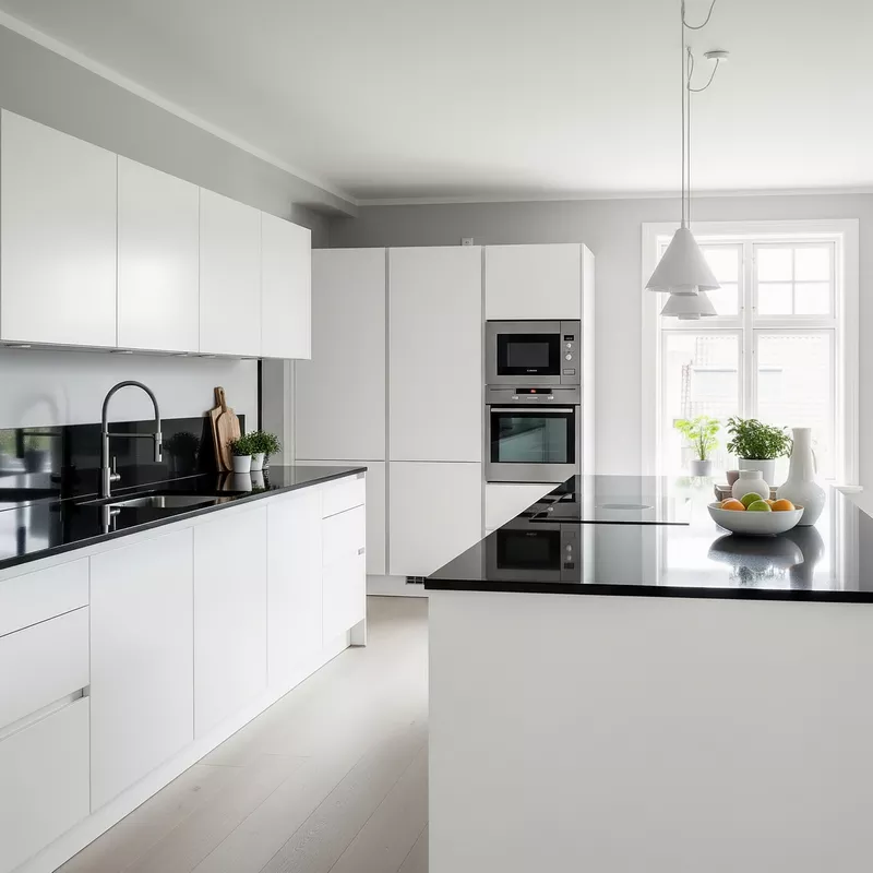 Dapur minimalis dengan countertop granit hitam dan kabinet putih-jasa interior splusa.id Dapur minimalis dengan countertop granit hitam dan kabinet putih-jasa interior splusa.id