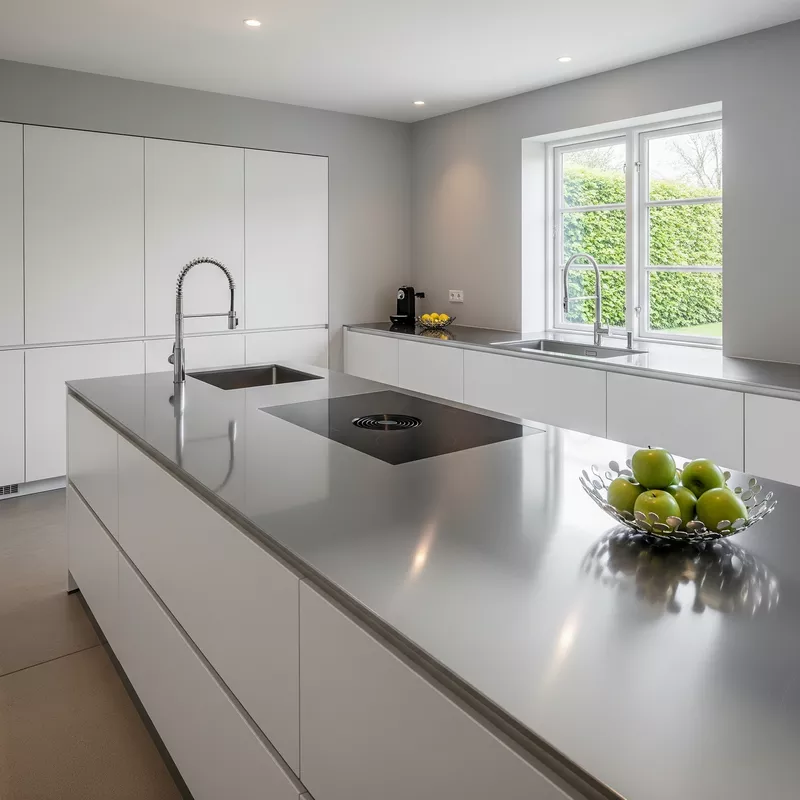Dapur minimalis dengan countertop stainless steel yang bersih dan modern-jasa interior splusa.id Dapur minimalis dengan countertop stainless steel yang bersih dan modern-jasa interior splusa.id