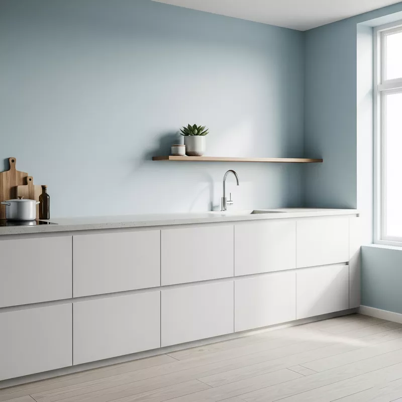 Dapur minimalis dengan dinding biru pastel dan kabinet putih-jasa interior splusa.id Dapur minimalis dengan dinding biru pastel dan kabinet putih-jasa interior splusa.id