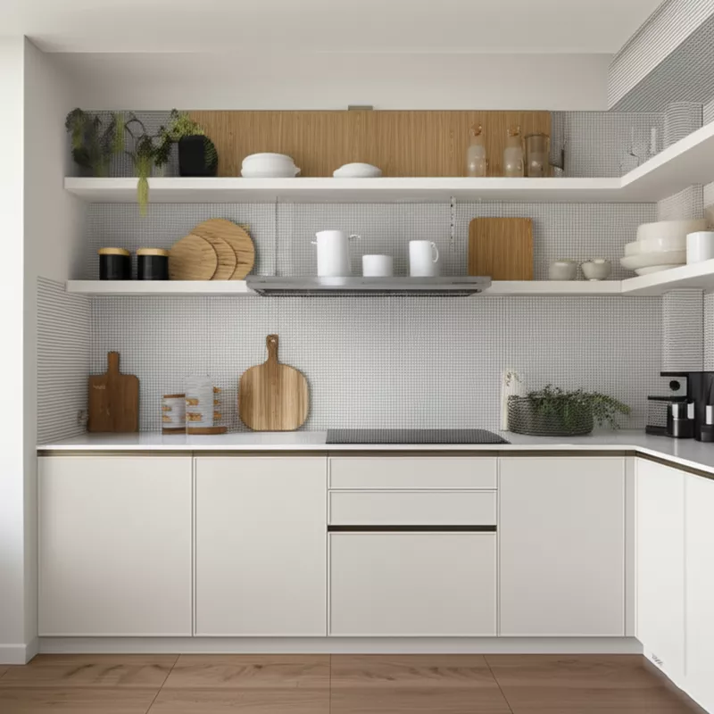 Dapur minimalis dengan kombinasi warna netral dan aksen bambu-jasa interior splusa.id Dapur minimalis dengan kombinasi warna netral dan aksen bambu-jasa interior splusa.id