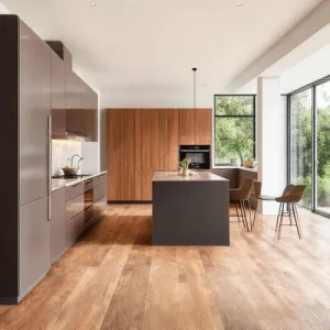 Dapur minimalis dengan lantai keramik motif kayu yang mudah dibersihkan dan memberikan kesan hangat Dapur minimalis dengan lantai keramik motif kayu yang mudah dibersihkan dan memberikan kesan hangat