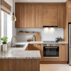 Dapur minimalis dengan material berkualitas, menggunakan kayu solid untuk kitchen set, granit untuk countertop, dan keramik untuk backsplash Dapur minimalis dengan material berkualitas, menggunakan kayu solid untuk kitchen set, granit untuk countertop, dan keramik untuk backsplash