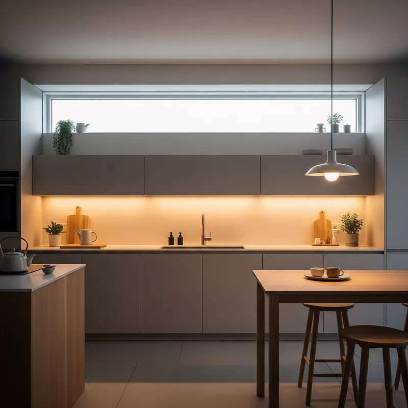 Dapur minimalis dengan pencahayaan yang hangat-jasa interior splusa.id Dapur minimalis dengan pencahayaan yang hangat-jasa interior splusa.id