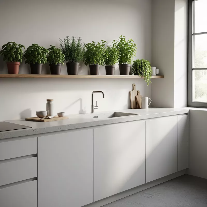 Dapur minimalis dengan tanaman herbal yang memberikan kesan segar dan alami-jasa interior splusa.id Dapur minimalis dengan tanaman herbal yang memberikan kesan segar dan alami-jasa interior splusa.id