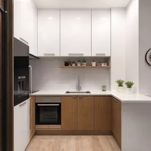 Dapur minimalis dengan tata letak fungsional, memisahkan area basah dan kering, serta penempatan peralatan yang ergonomis Dapur minimalis dengan tata letak fungsional, memisahkan area basah dan kering, serta penempatan peralatan yang ergonomis