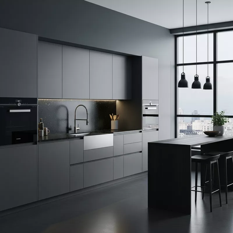 Dapur minimalis dengan warna gelap yang elegan-jasa interior splusa.id Dapur minimalis dengan warna gelap yang elegan-jasa interior splusa.id