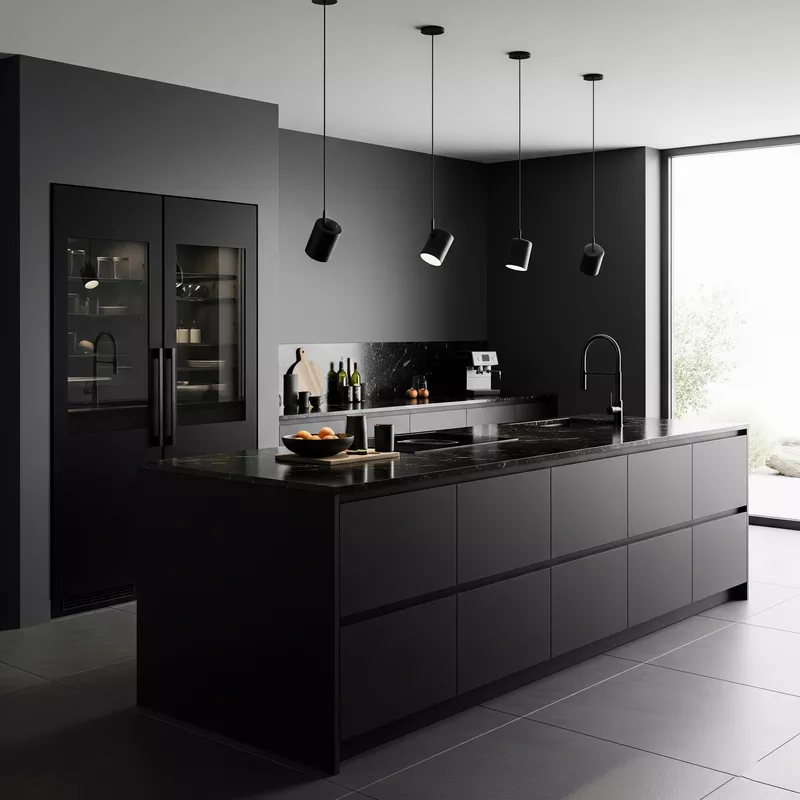 Dapur minimalis dengan warna hitam yang elegan dan modern-jasa interior splusa.id Dapur minimalis dengan warna hitam yang elegan dan modern-jasa interior splusa.id