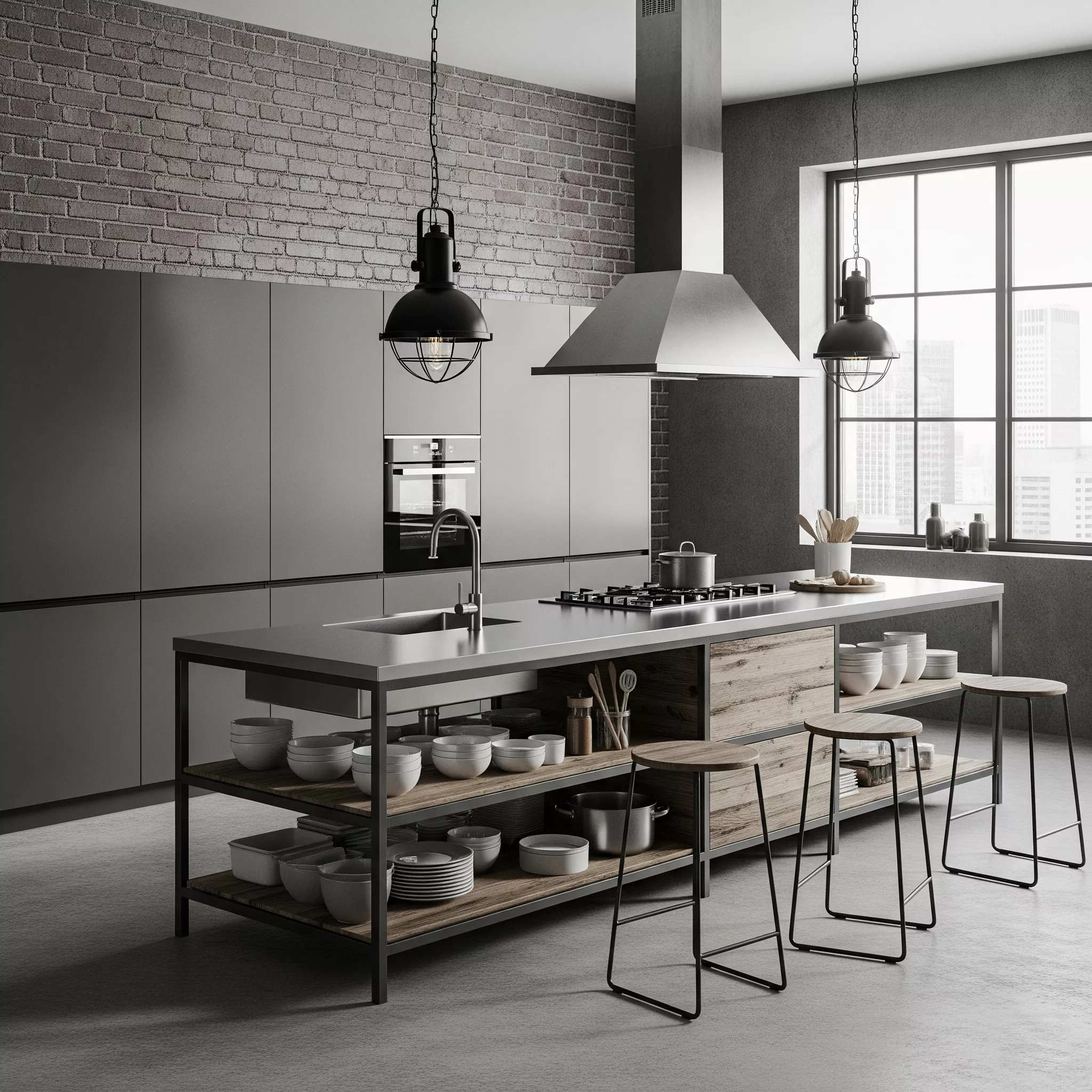 Dapur minimalis industrial dengan konfigurasi ruang yang efisien dan fungsional-jasa interior splusa.id Dapur minimalis industrial dengan konfigurasi ruang yang efisien dan fungsional-jasa interior splusa.id