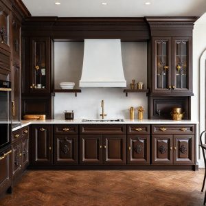 Dapur minimalis klasik dengan kitchen set kayu solid berwarna cokelat tua, ukiran yang elegan, dan sentuhan warna emas pada aksesoris Dapur minimalis klasik dengan kitchen set kayu solid berwarna cokelat tua, ukiran yang elegan, dan sentuhan warna emas pada aksesoris