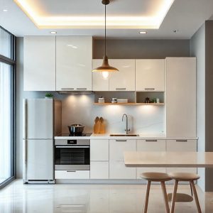 Dapur minimalis kontemporer dengan kitchen set berwarna abu-abu, lampu gantung modern, dan aksen metalik yang memberikan kesan elegan dan trendi Dapur minimalis kontemporer dengan kitchen set berwarna abu-abu, lampu gantung modern, dan aksen metalik yang memberikan kesan elegan dan trendi
