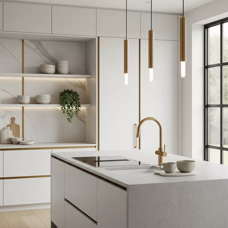 Dapur minimalis modern dengan aksen kuningan yang elegan-jasa interior splusa.id Dapur minimalis modern dengan aksen kuningan yang elegan-jasa interior splusa.id