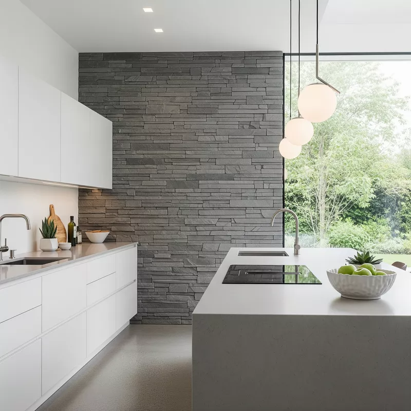 Dapur minimalis modern dengan dinding aksen batu alam yang elegan-jasa interior splusa.id Dapur minimalis modern dengan dinding aksen batu alam yang elegan-jasa interior splusa.id