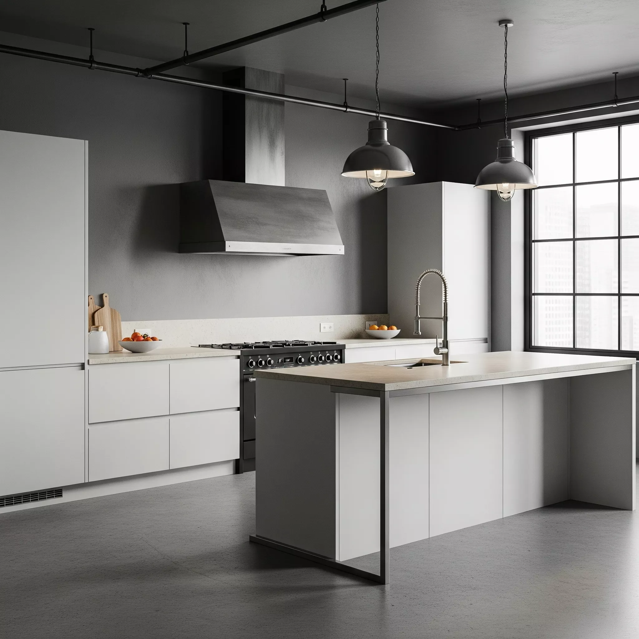 Dapur minimalis modern dengan lantai beton dan peralatan besi untuk tampilan industrial-jasa interior splusa.id Dapur minimalis modern dengan lantai beton dan peralatan besi untuk tampilan industrial-jasa interior splusa.id
