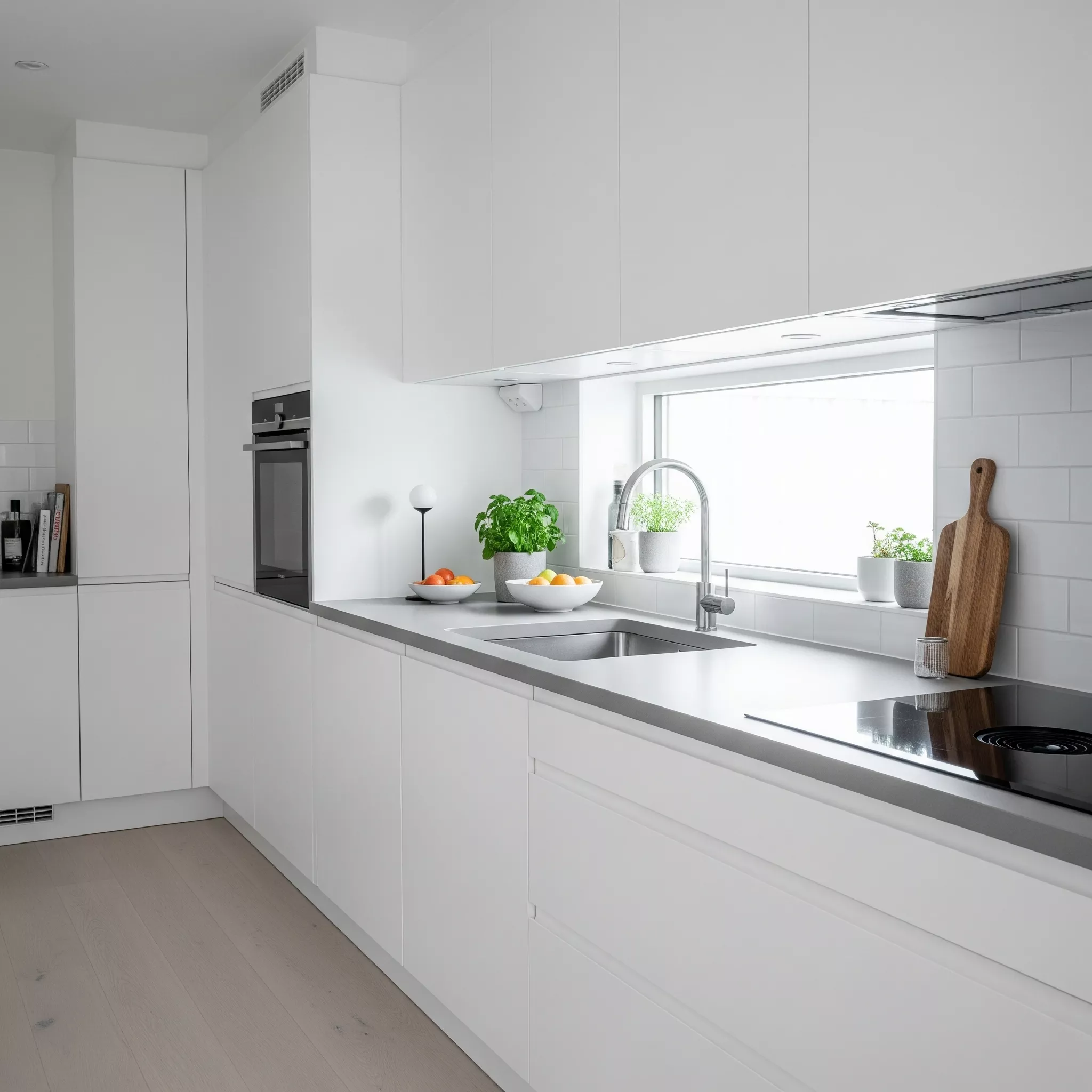 Dapur minimalis modern hemat budget dengan kabinet putih dan countertop laminate abu-abu-jasa interior splusa.id Dapur minimalis modern hemat budget dengan kabinet putih dan countertop laminate abu-abu-jasa interior splusa.id