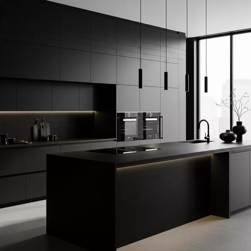 Desain dapur modern dengan warna hitam-jasa interior splusa.id Desain dapur modern dengan warna hitam-jasa interior splusa.id