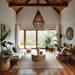 Desain interior ruang tamu minimalis dengan penggunaan material ramah lingkungan seperti bambu dan rotan