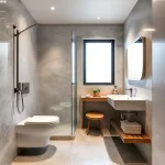 Desain kamar mandi inklusif dengan pegangan tangan dan akses ramp untuk kursi roda