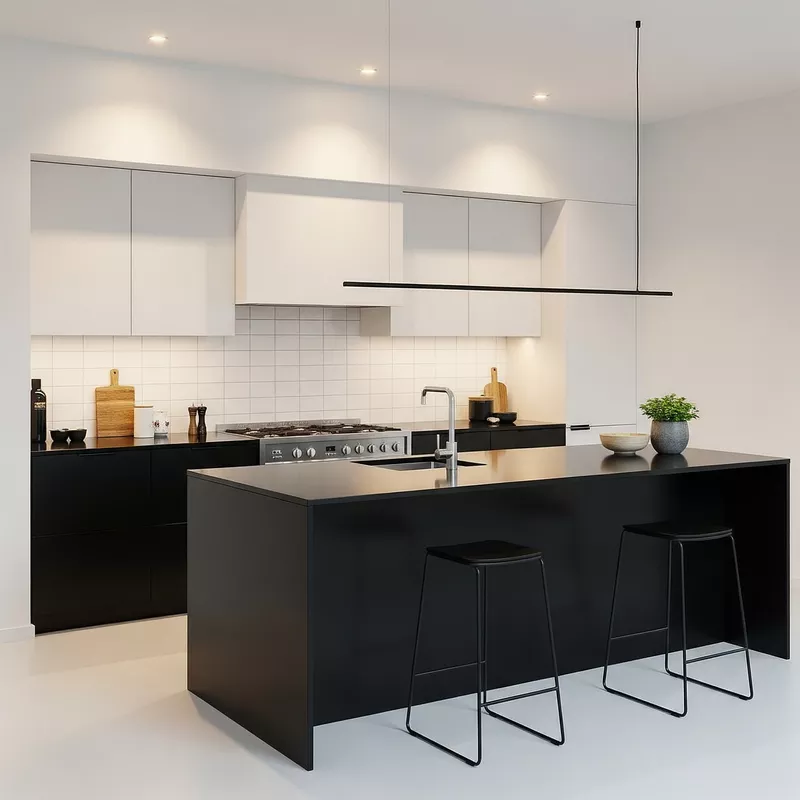Kombinasi warna hitam dan putih pada dapur minimalis-jasa interior splusa.id Kombinasi warna hitam dan putih pada dapur minimalis-jasa interior splusa.id