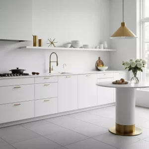 Kombinasi warna putih dan kuningan dalam desain dapur minimalis-jasa interior splusa.id