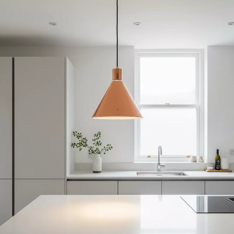Lampu gantung tembaga yang elegan di dapur minimalis-jasa interior splusa.id Lampu gantung tembaga yang elegan di dapur minimalis-jasa interior splusa.id
