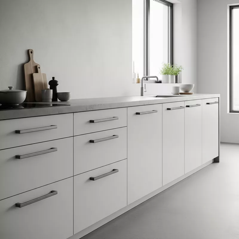 Pegangan kabinet logam yang stylish di dapur minimalis-jasa interior splusa.id Pegangan kabinet logam yang stylish di dapur minimalis-jasa interior splusa.id