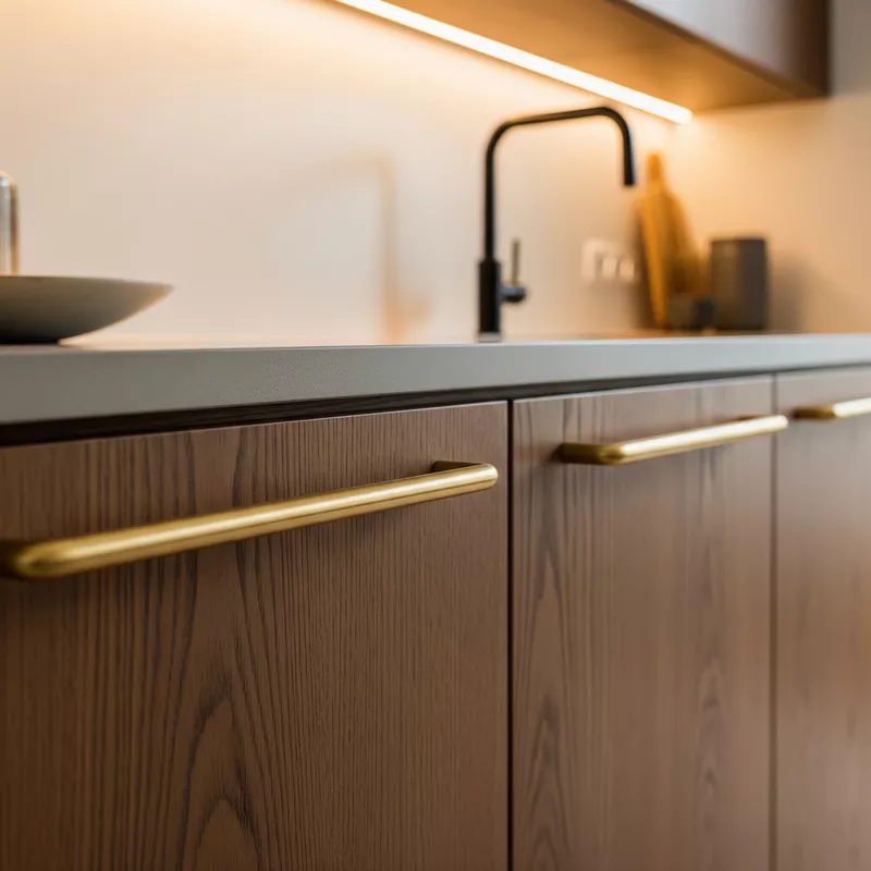 Pegangan pintu kuningan yang elegan pada kabinet dapur minimalis-jasa interior splusa.id Pegangan pintu kuningan yang elegan pada kabinet dapur minimalis-jasa interior splusa.id