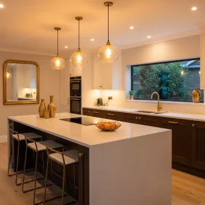 Pencahayaan dapur yang hangat dengan aksen emas-jasa interior splusa.id