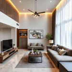 Ruang tamu dengan sistem pencahayaan smart home yang dapat dikontrol melalui smartphone