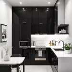 desain Dapur 2x2 dengan skema warna hitam dan putih, menampilkan kabinet hitam dan countertop putih yang stylish