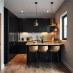 desain Dapur minimalis 2x2 dengan kombinasi elemen hitam dan kayu, menampilkan suasana hangat dan stylish
